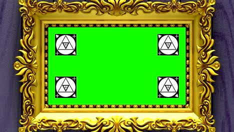 cámara zoom en el marco de la imagen de oro en el fondo de madera púrpura. marcadores de seguimiento de movimiento y pantalla verde incluidos. animación 3d.