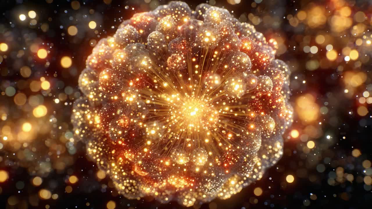 Una straordinaria visualizzazione di un fenomeno celeste, che mostra una sfera di luce radiosa con particelle luminose ed energia cosmica in un ambiente galattico