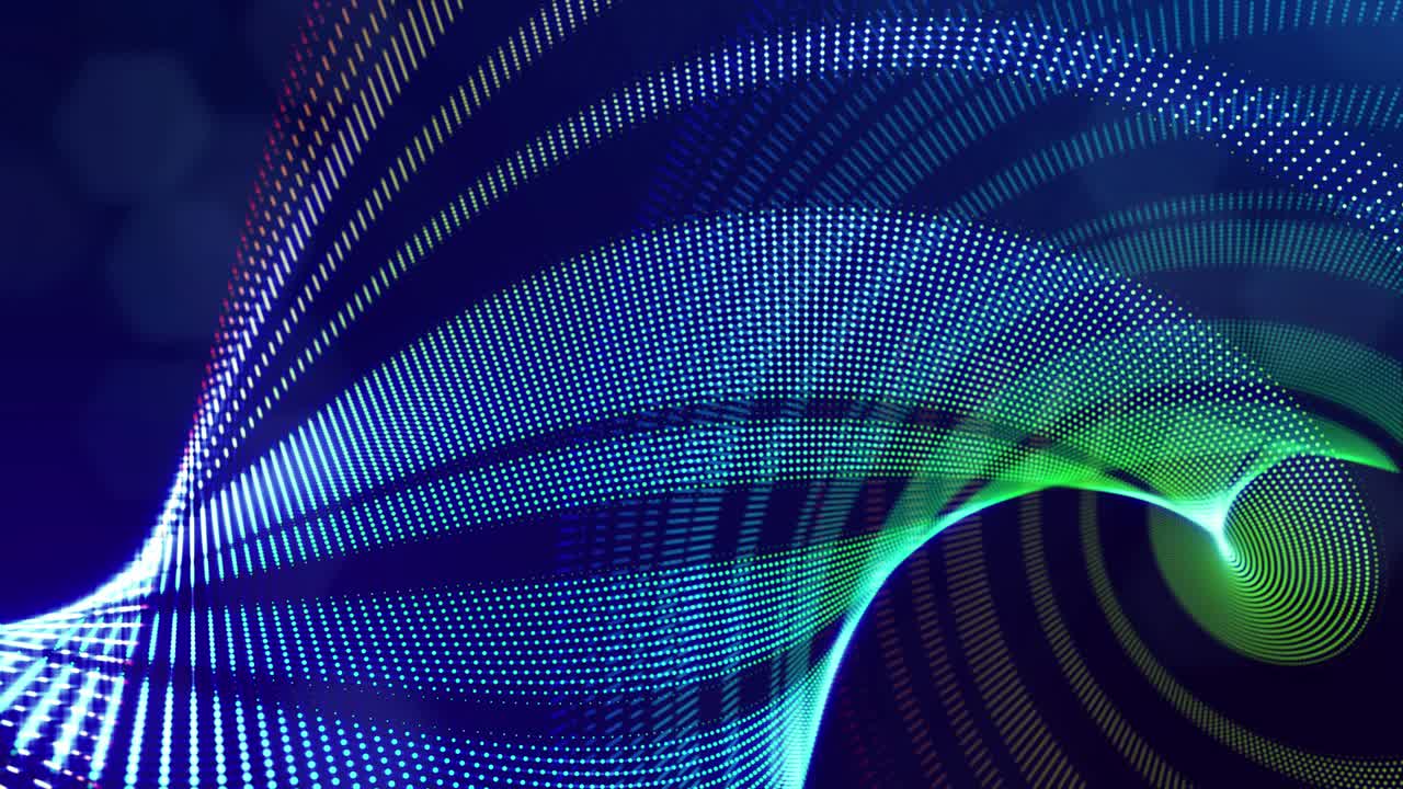 blue high tech bg with glow particles form complex helix structure. 3d looped sci-fi bg digital space, particles form lines and surface waves. Concept of hi-tech information flow, blockchain. DOF