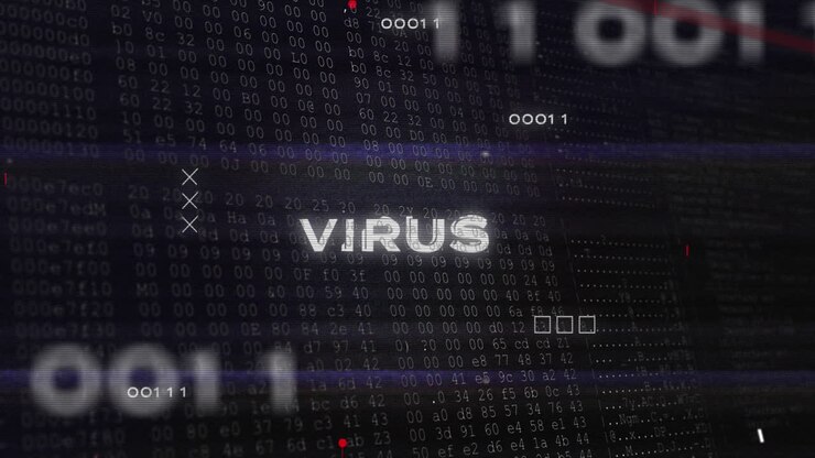 Animation of virus text with glitch technique, multiple numbers, binary codes, circuit board pattern