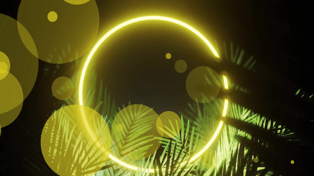 Animation of leaves and light spots over neon circle on black background