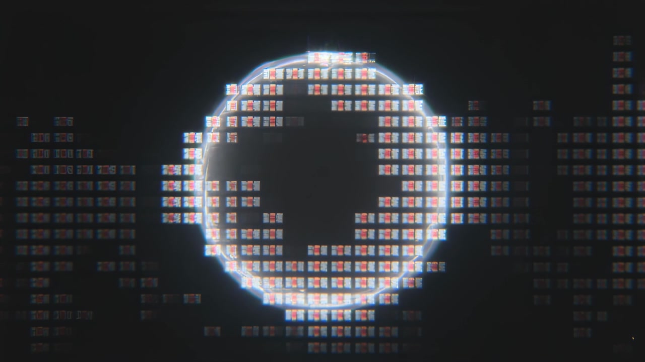 Appearing central luminous ring around dark hole, shifting tiles clockwise in void, creating glitch