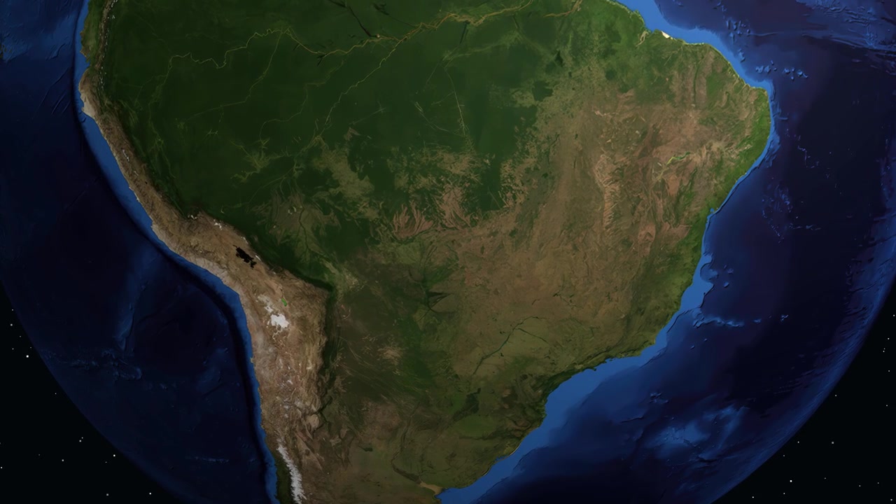 Un'animazione digitale zooma dallo spazio al Sud America, evidenziando Cuiabá, Brasile, con statistiche sulla popolazione