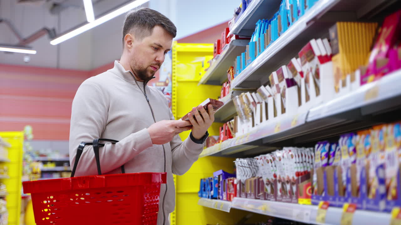 hombre comprando chocolate en un supermercado
