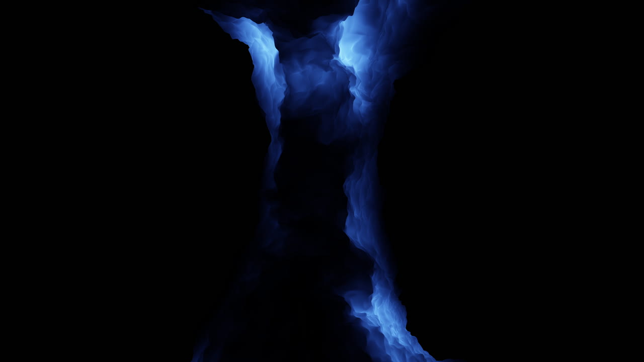 Fumo blu astratto o inchiostro che si avvolge e scorre nell'oscurità, creando uno sfondo atmosferico drammatico per titoli, transizioni, elementi visivi di fantascienza e motion design.