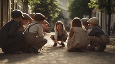 children playing a street game in a vintage setting