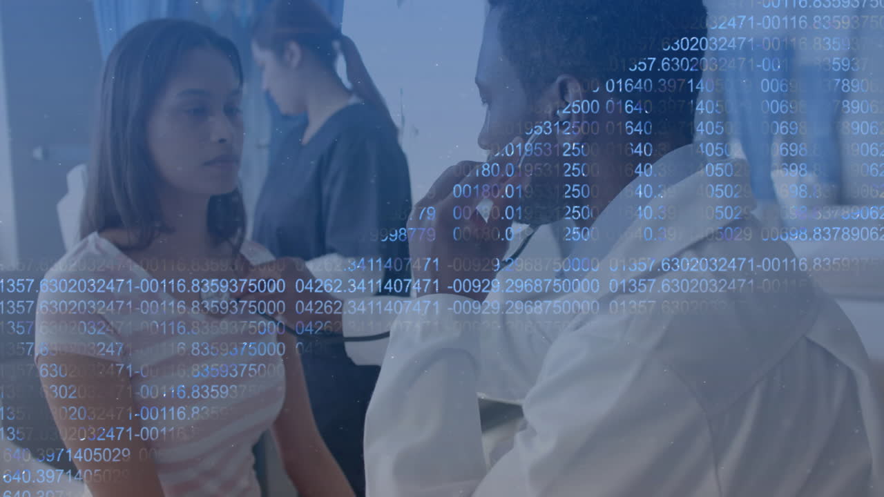 Animation of dna strand over diverse male doctor and patient in hospital