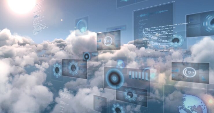 Animation of data processing over sky with clouds and sun