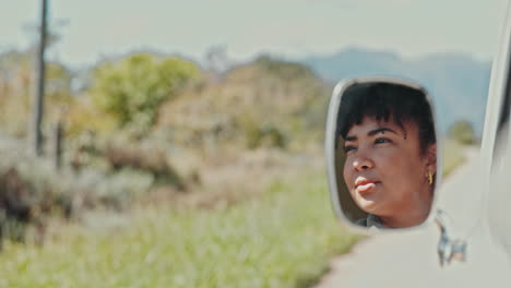 road trip, mirror and woman in car for travel