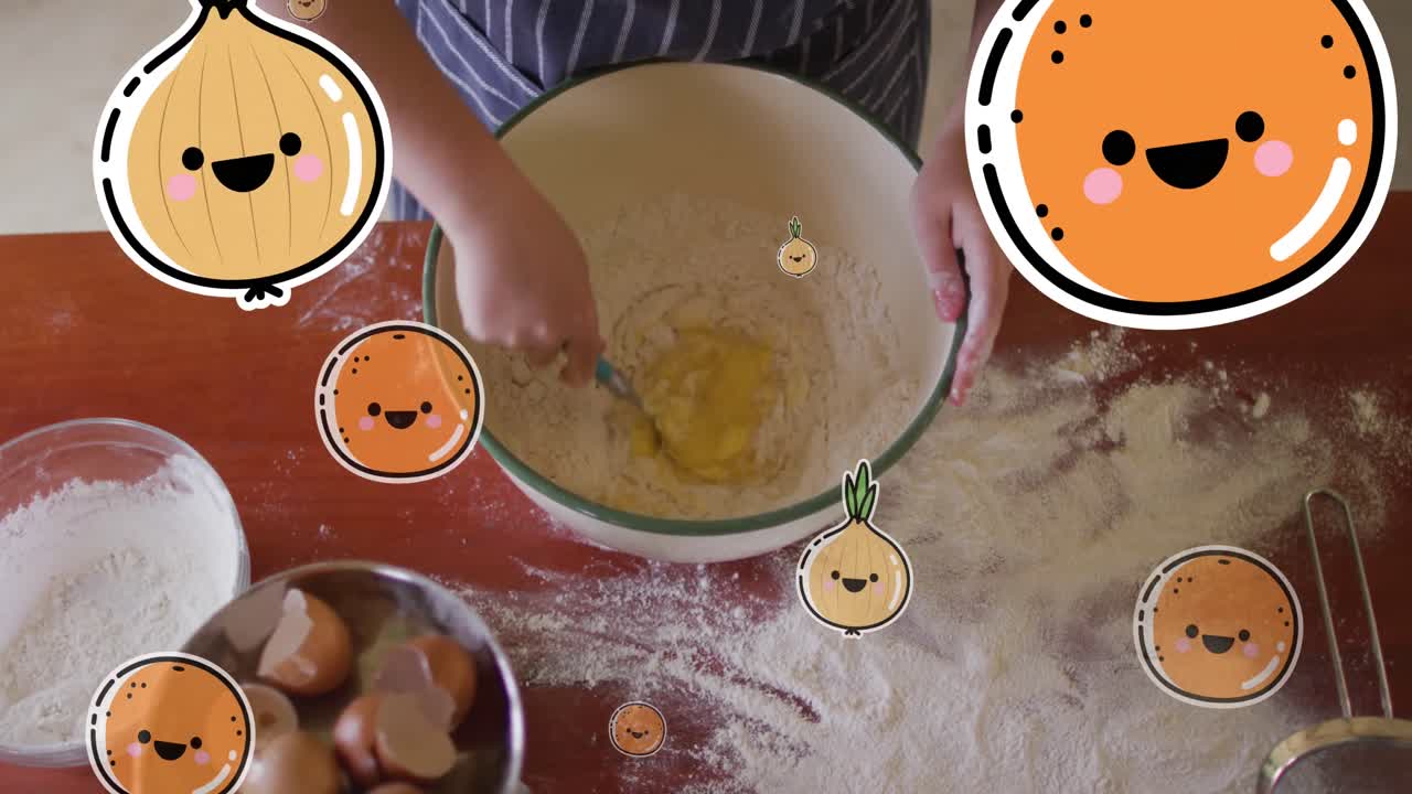 Animation of orange and onion icons over caucasian woman cooking