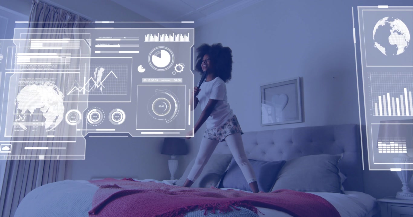 Vertical video: Using brush as mic, child in pjs singing, jumping on bed at home, UI panels rising