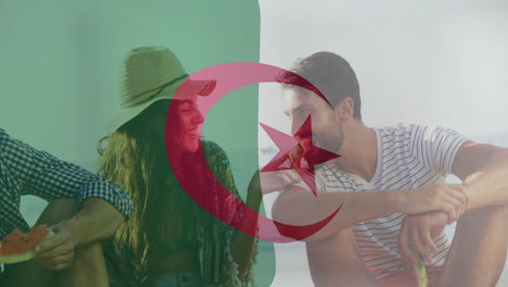 algerian flag animation over people enjoying watermelon on sunny day