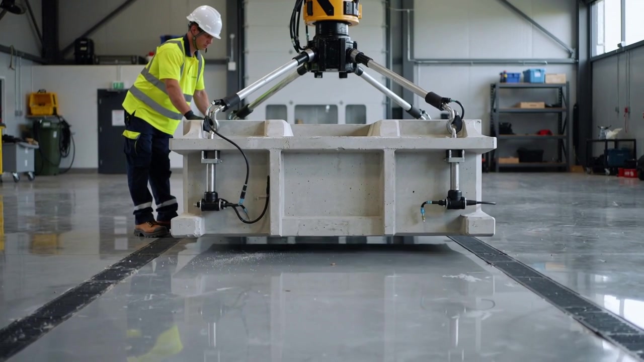 Activating gantry worker in white helmet hivis placing concrete block across bay floor, copy space