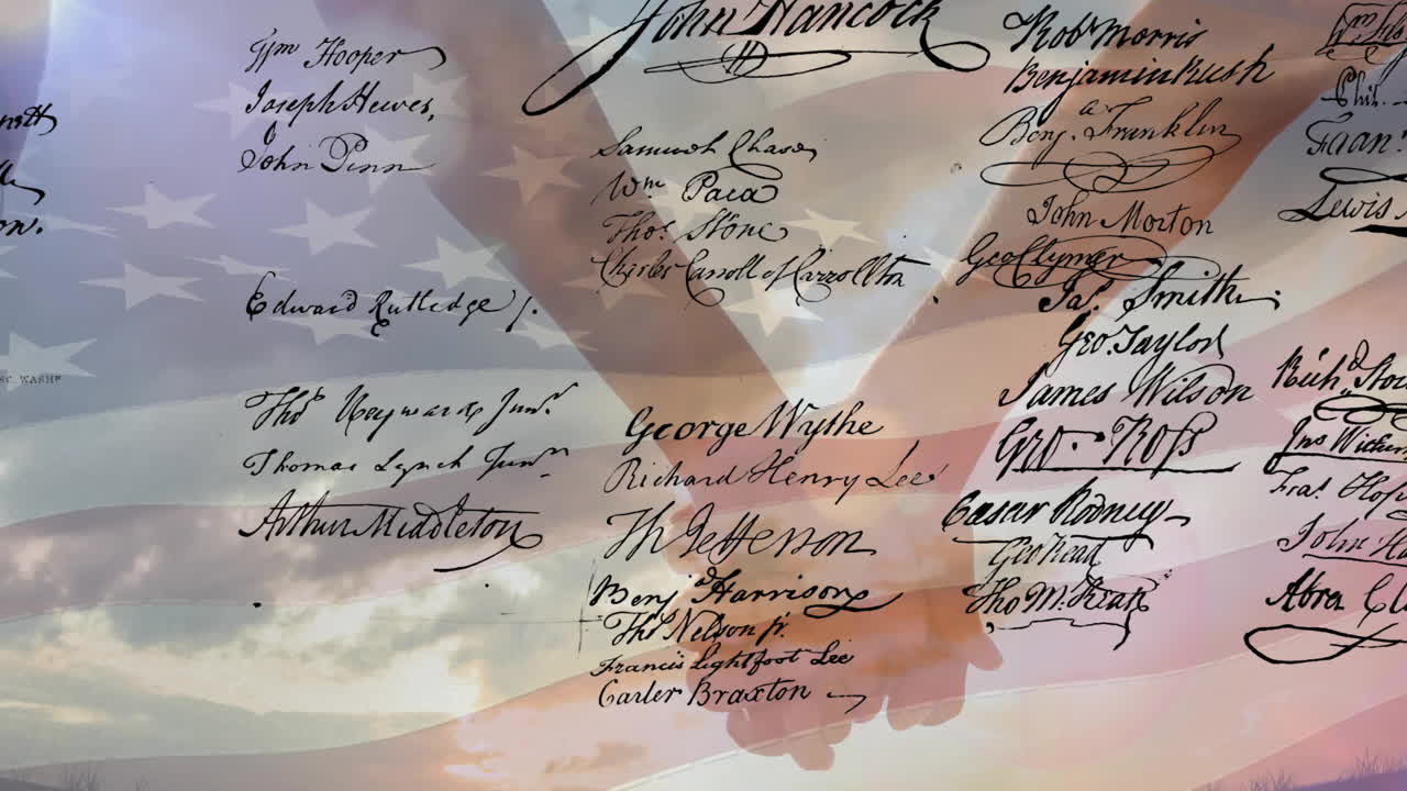 미국 발의 애니메이션과 선언은 이 있는 해변에서 손을 잡고 있는 백인 부부 위에 있습니다.