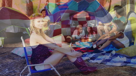 camping scene with friends relaxing over colorful geometric shapes animation