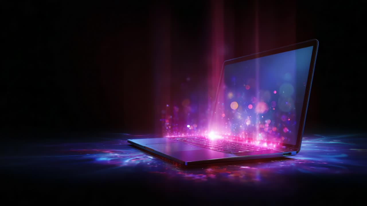 Illuminated Laptop with Magical Light Effects: A Stunning Visual Display of Colorful Patterns Emanating from an Open Computer, Capturing the Essence of Technology and Creativity in an Abstract Design