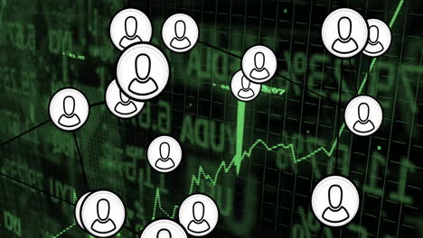 animation of network of connections with icons over financial data processing on black background