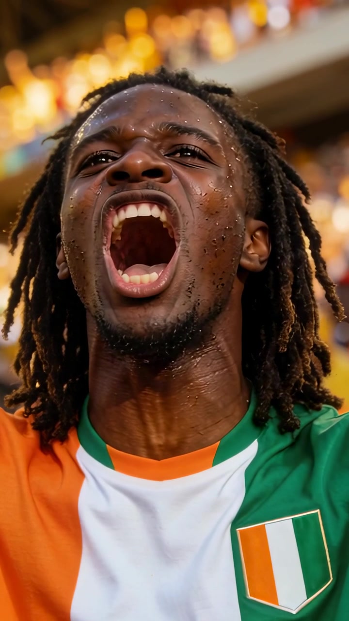 Video verticale: Tifoso che urla, reagendo a un evento della partita sugli spalti, indossando una maglia da calcio tricolore.