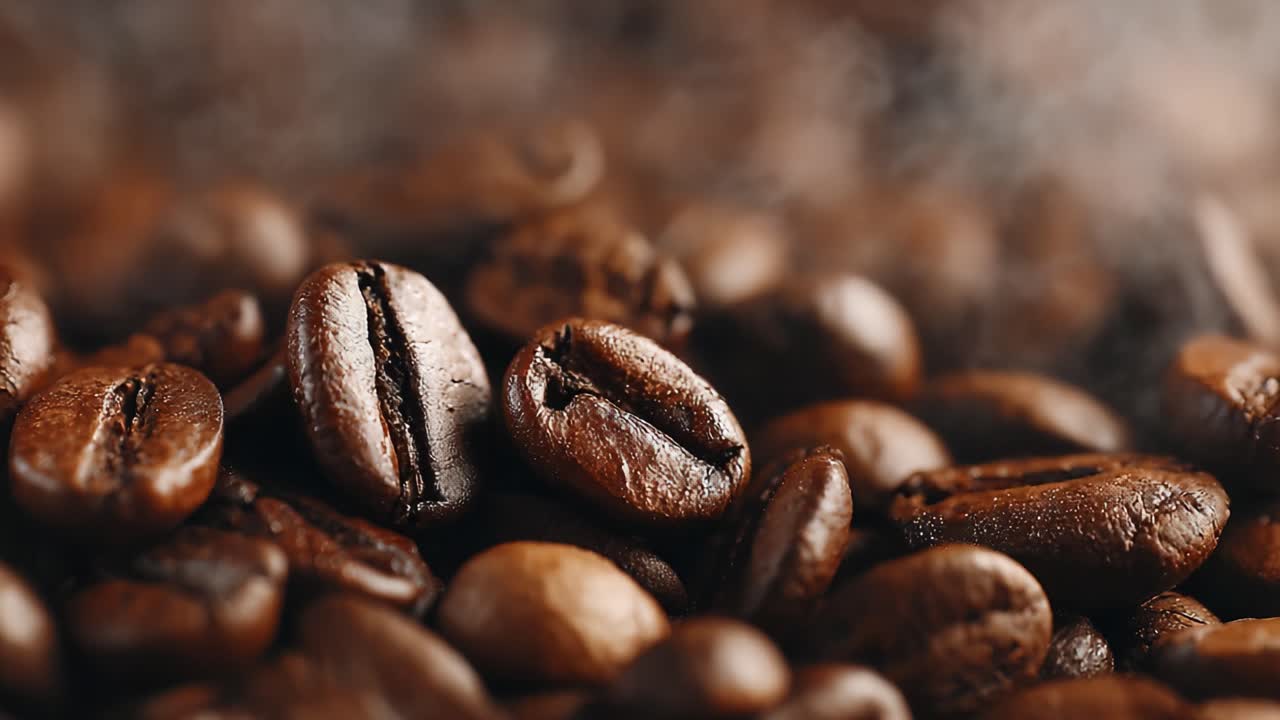 En nærbillede udforskning af aromatiske kaffebønner: De rige teksturer og farver af ristet perfektion fanget i fantastiske detaljer.