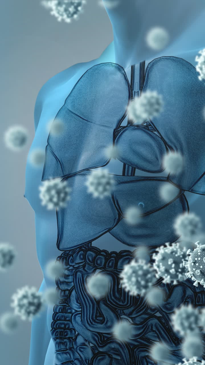 animación de células de virus que caen sobre el modelo del cuerpo humano