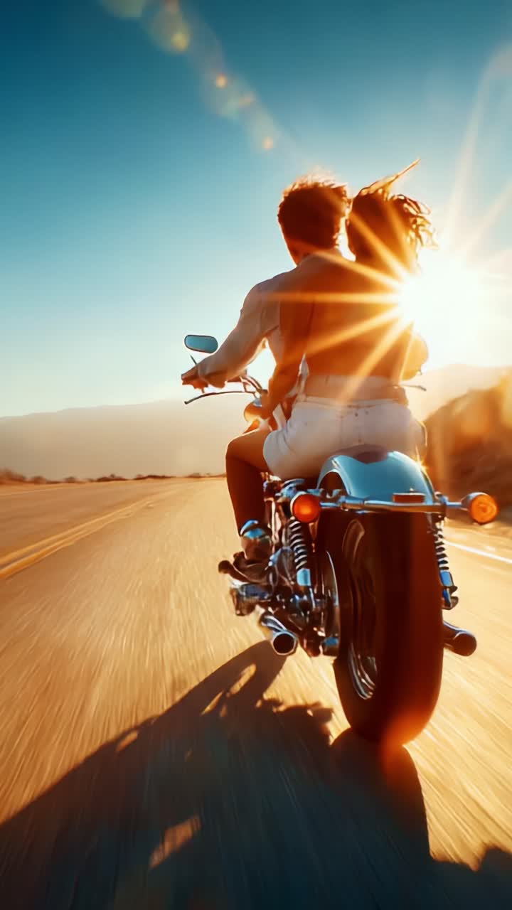 Un couple profitant d’une promenade pittoresque à moto à travers de magnifiques paysages sous un ciel vibrant au coucher du soleil, célébrant ensemble la liberté et l’aventure
