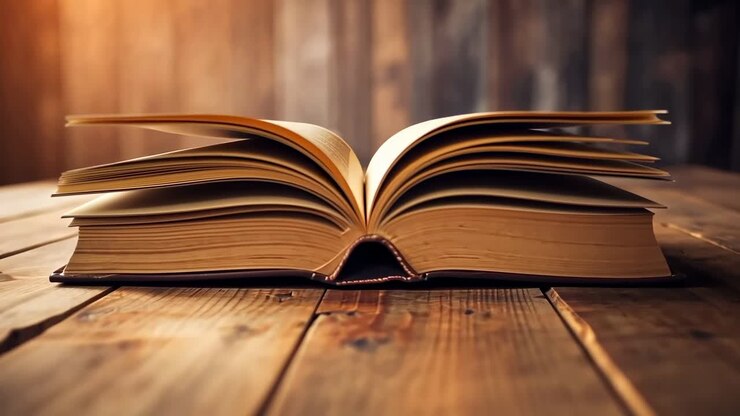 Un video ravvicinato di un libro aperto su un tavolo di legno, con le pagine aperte a ventaglio.