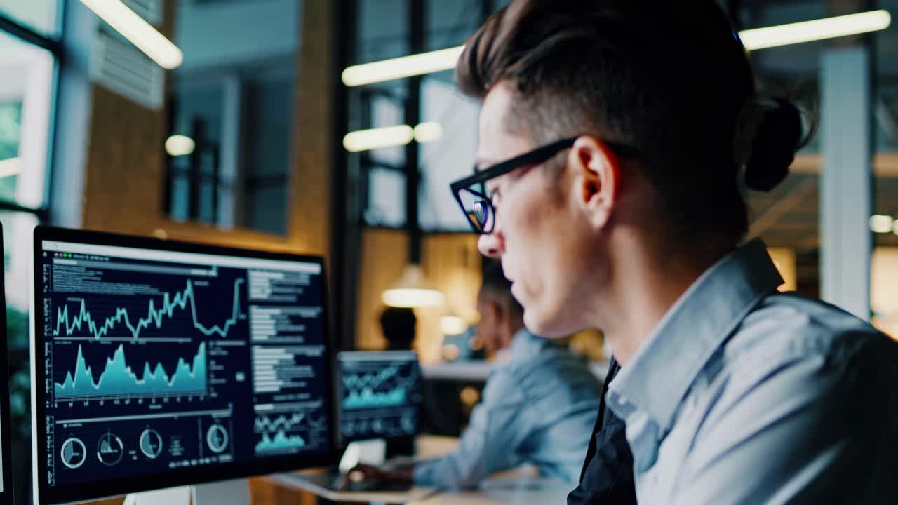 Side angle video of a focused professional analyzing data on dual monitors in a modern office
