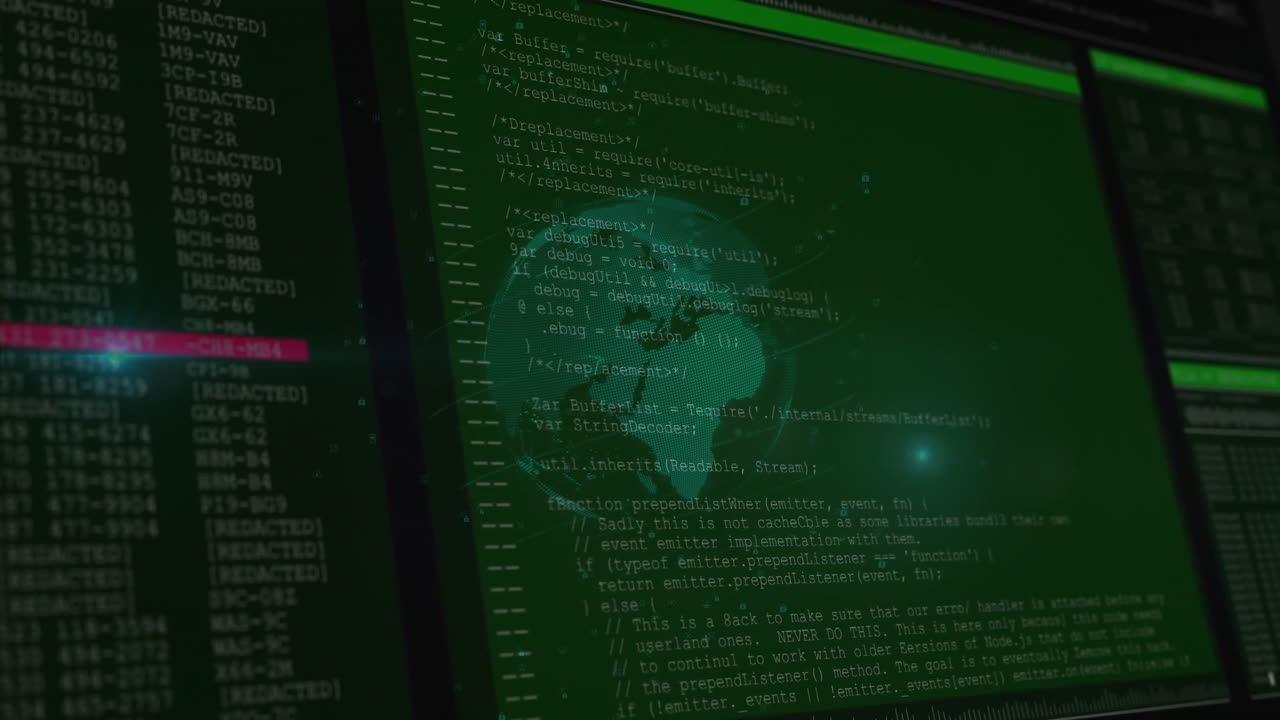Digital globe 3D render spinning in dark interface, showing code panels, redacted tags