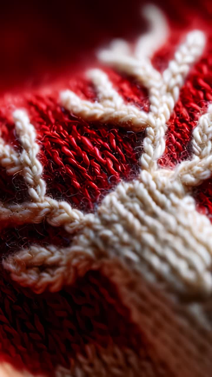 Primo piano di un tessuto splendidamente lavorato a maglia con intricate corna bianche su un vivace sfondo rosso, che mette in mostra la moderna maestria artigianale nel design a maglia