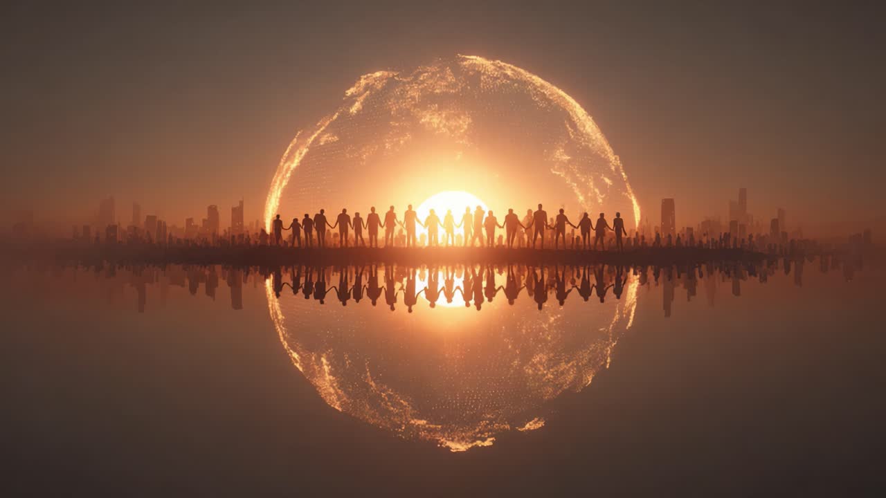 A powerful gathering of diverse figures silhouetted against a breathtaking sunrise, symbolizing hope, unity, and a shared future, reflected beautifully in the serene water