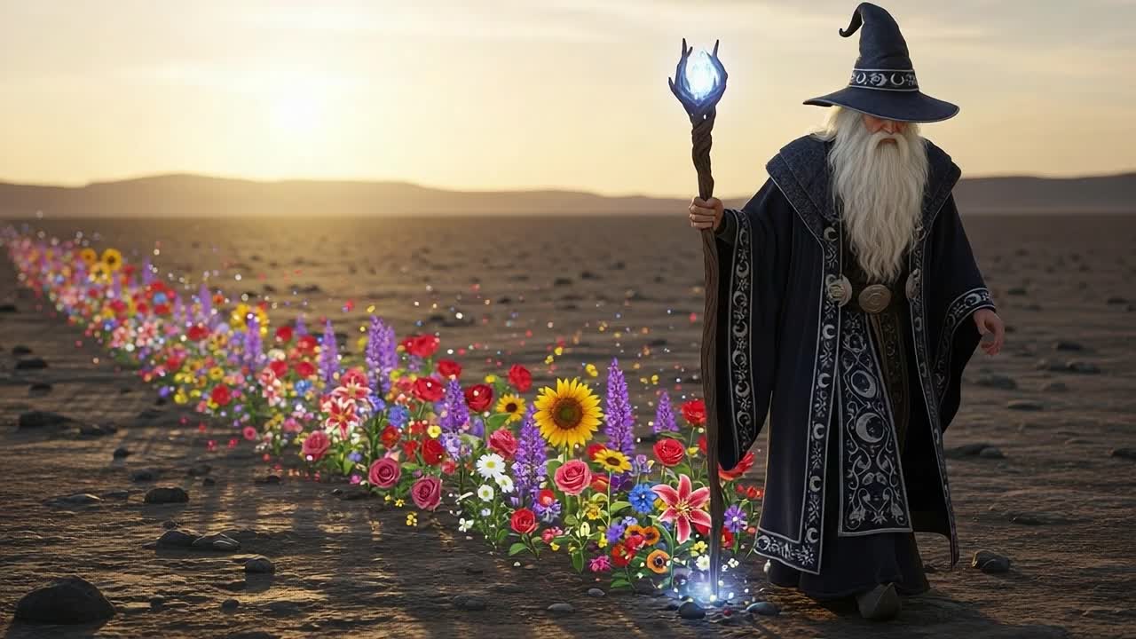 A mystical figure clad in robes and a wizard hat walks a vibrant path of blooming flowers in a surreal landscape depicting the magic of nature's beauty