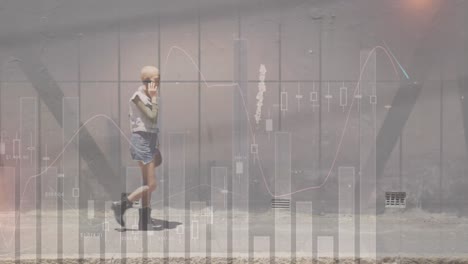 animation of financial data and graphs over caucasian senior man walking, using smartphone