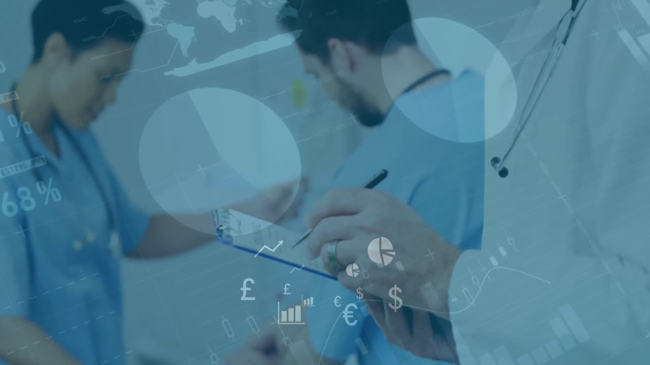 디지털 아이콘의 애니메이션과 백인 남성 의사에 대한 데이터 처리가 병원에서 보고서를 읽는 것