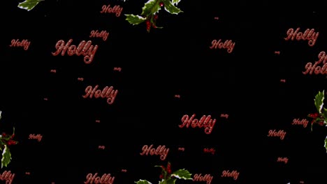 Animation-of-holly-text-in-repetition-at-christmas-and-wreath-on-black-background