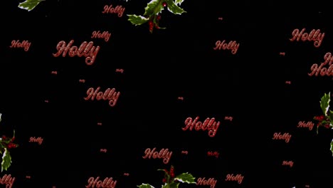 animation of holly text in repetition at christmas and wreath on black background