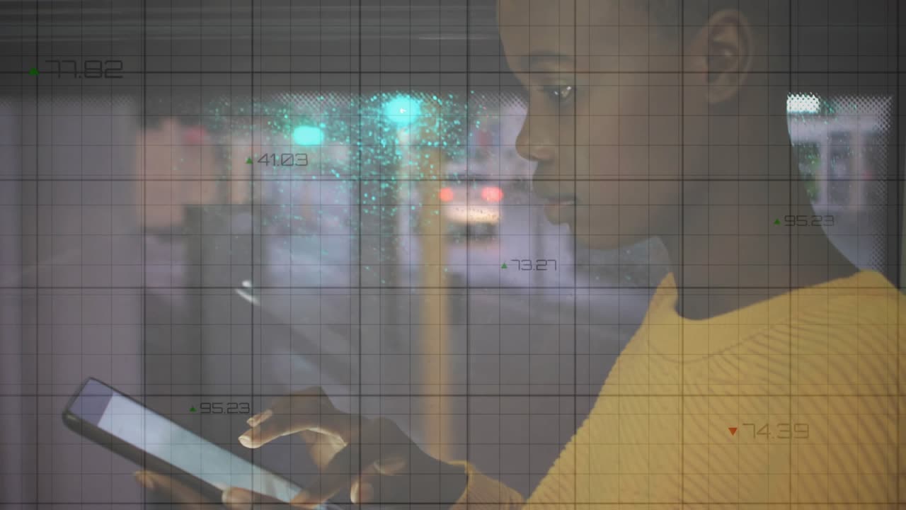 Woman tapping tablet at night, checking analytics as red charts and grid growing over glass