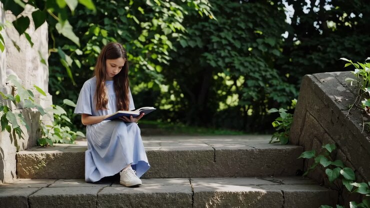 Ragazza che legge un libro in un parco