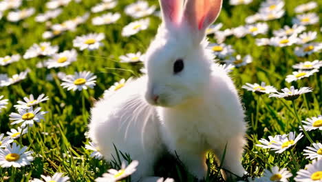 white baby rabbit in a daisy meadow