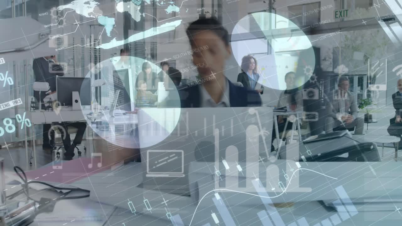 Digital composition of financial data processing against business people working in office