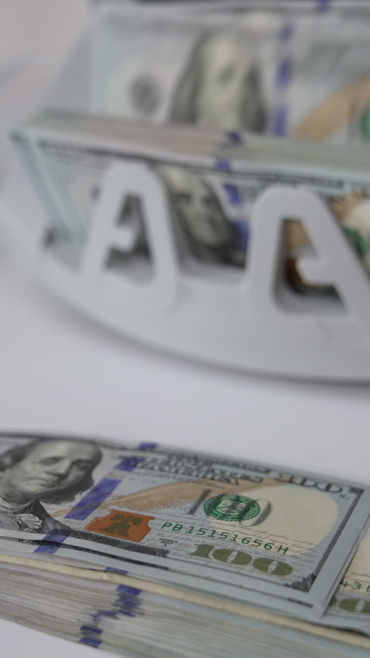 A wad of one hundred dollar bills lies on the table. Cash counting machine counts one hundred dollar bills at backdrop. Close up. Vertical video