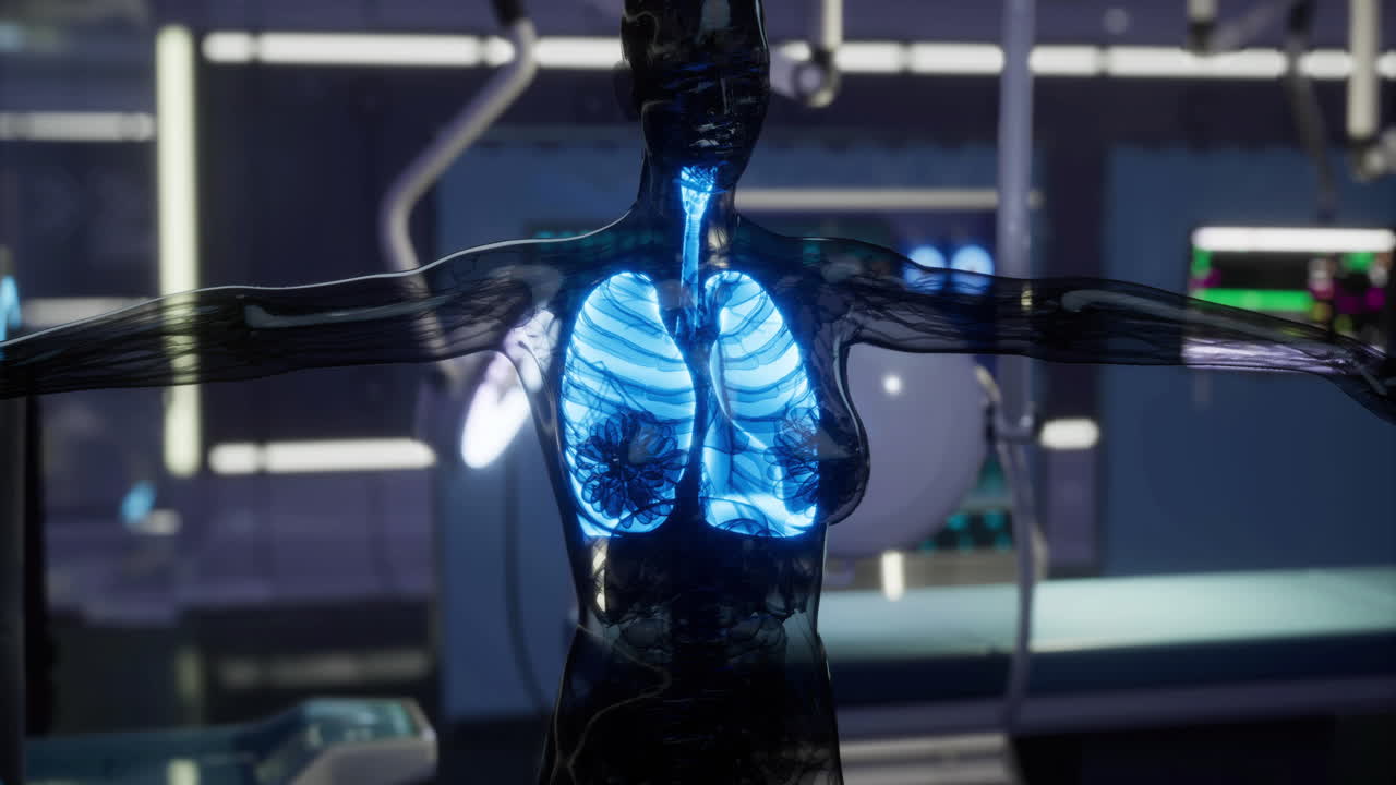 Lungs displayed in a futuristic medical environment with digital visualization