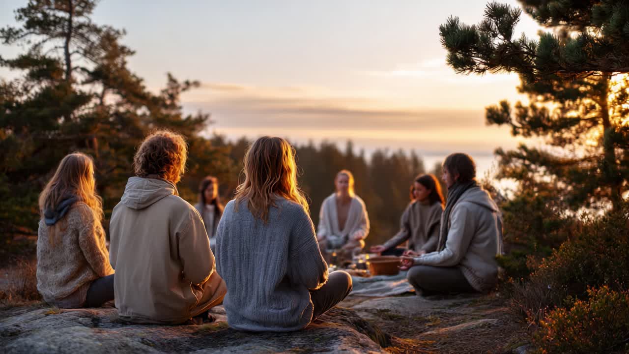 A Tranquil Gathering: Individuals Sitting in Circle at Sunset, Engaging in Deep Reflection and Connection Amidst Nature's Serene Backdrop