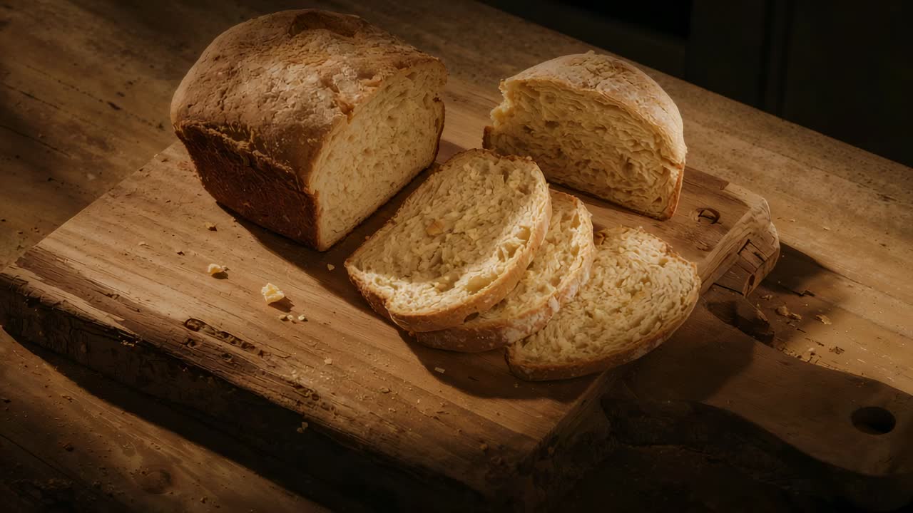 Shifting lamp-camera lighting, zooming on board, revealing crumb texture of rustic loaf and slices