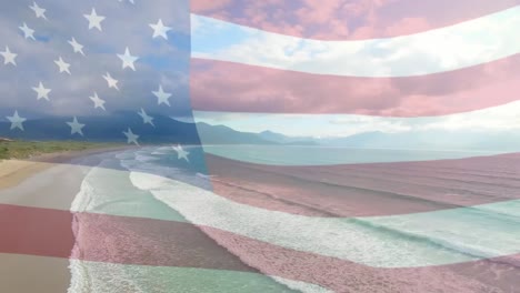 animación de la bandera estadounidense ondeando sobre una playa soleada