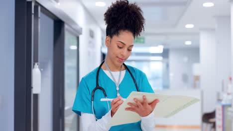 woman, documents and doctor writing of healthcare