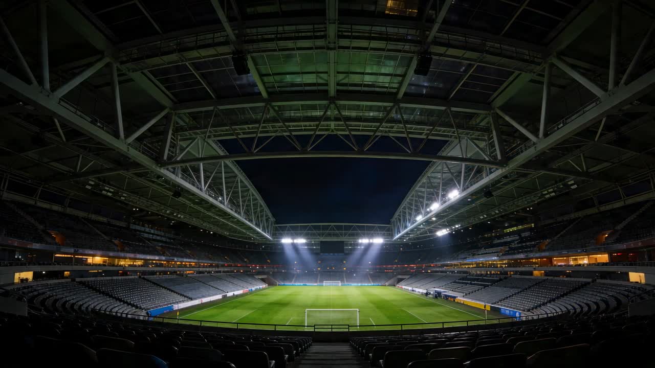 Regolazione dei riflettori dello stadio che cambiano l'illuminazione del campo di notte, con pali della porta e tralicci visibili.