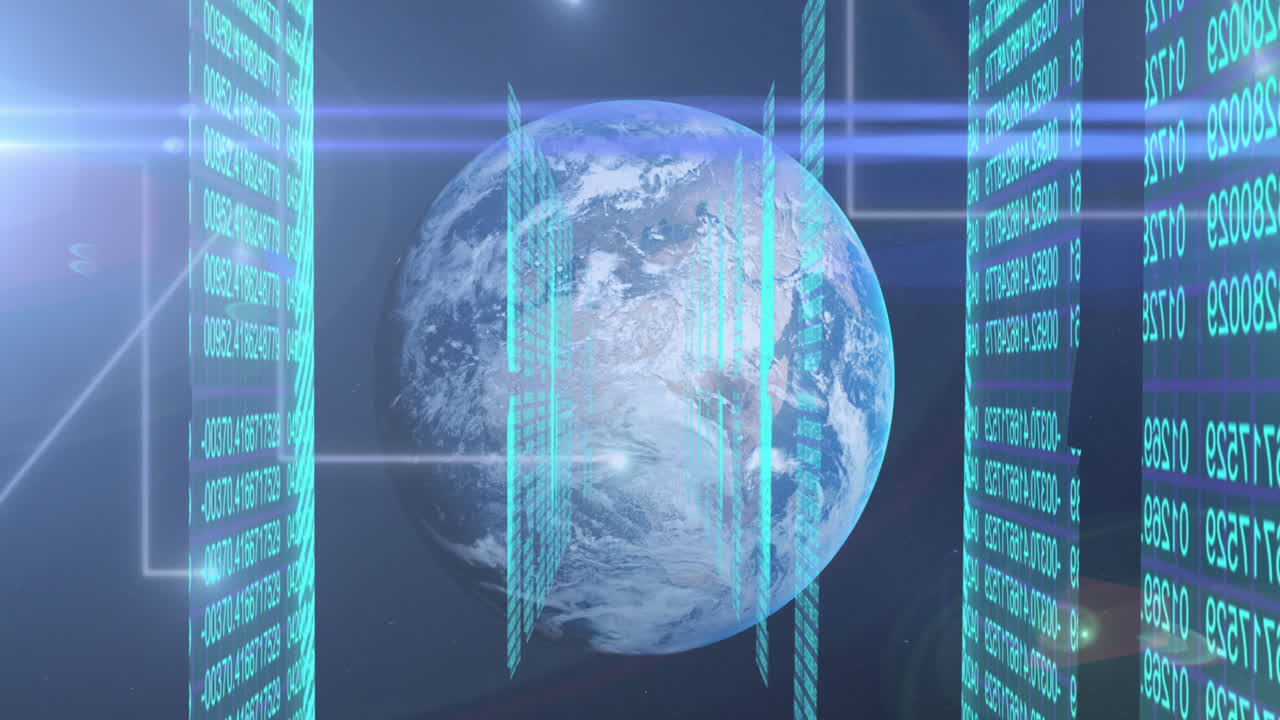 Animation of numbers processing and biometric fingerprints over globe on blue background