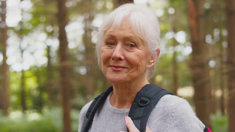 vertical video of active retired senior woman walking in woodland countryside wearing backpack