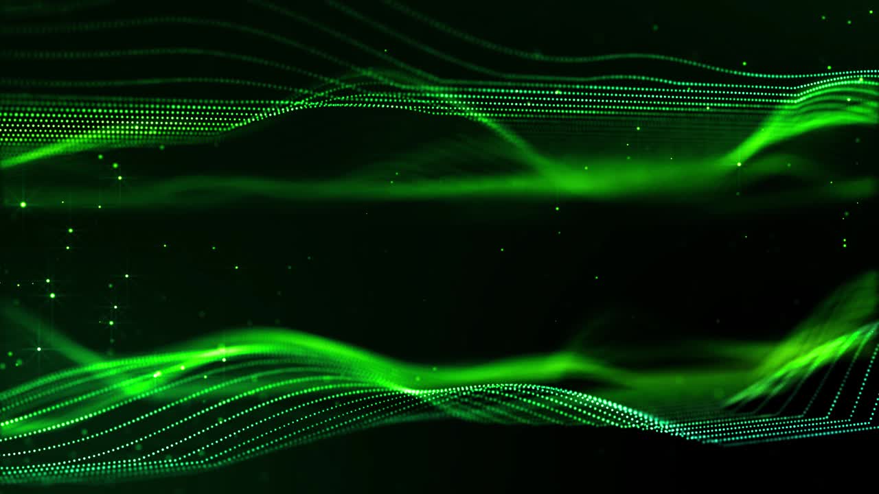 4k looped sci-fi green background with bokeh and light effects. Glow green color particles form lines, surfaces, string structures as virtual space or hologram for HUD screen. 16