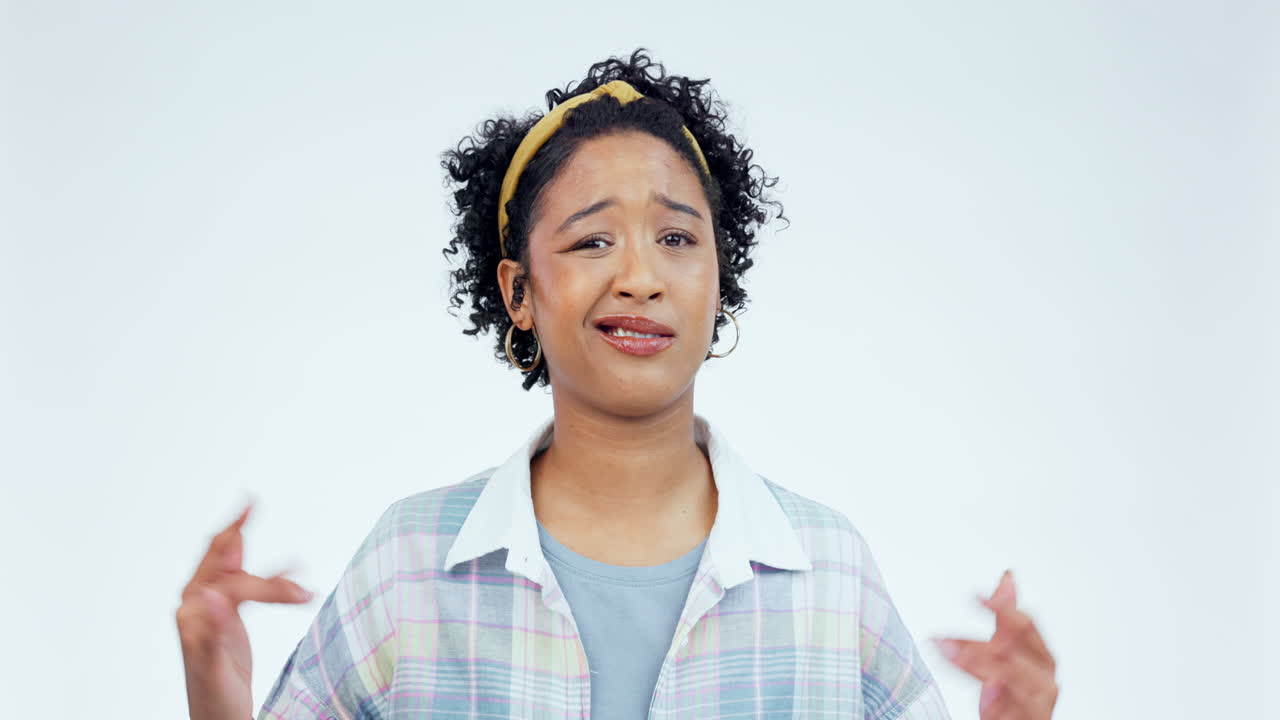 Confused, face and woman with dont know hands